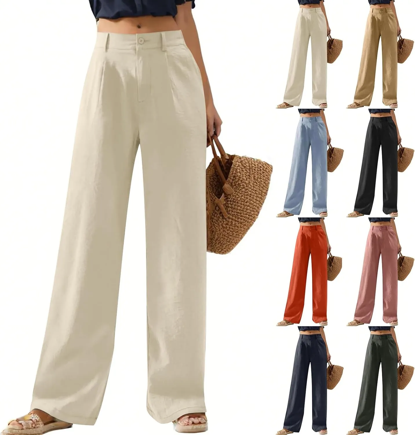 Wide Leg Linen Pants for Women Business Casual High Waisted Dress Pants Office Work Pants Straight Trousers w/Pockets
