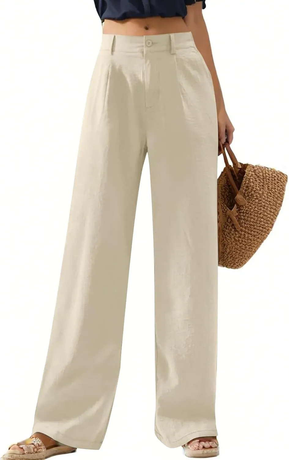 Wide Leg Linen Pants for Women Business Casual High Waisted Dress Pants Office Work Pants Straight Trousers w/Pockets