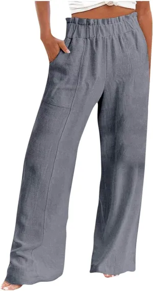 Wide Leg Linen Pants for Women Summer Casual Straight Palazzo Pants Elastic Waist Flowy Boho Beach Trousers with Pockets