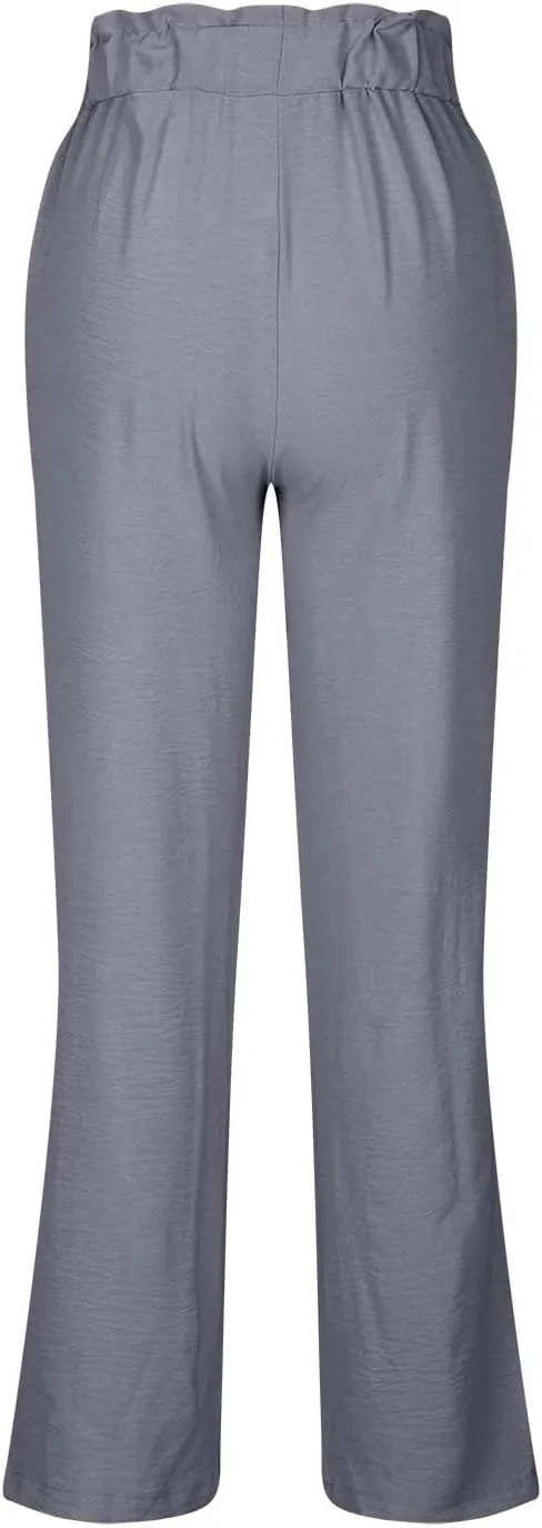 Wide Leg Linen Pants for Women Summer Casual Straight Palazzo Pants Elastic Waist Flowy Boho Beach Trousers with Pockets