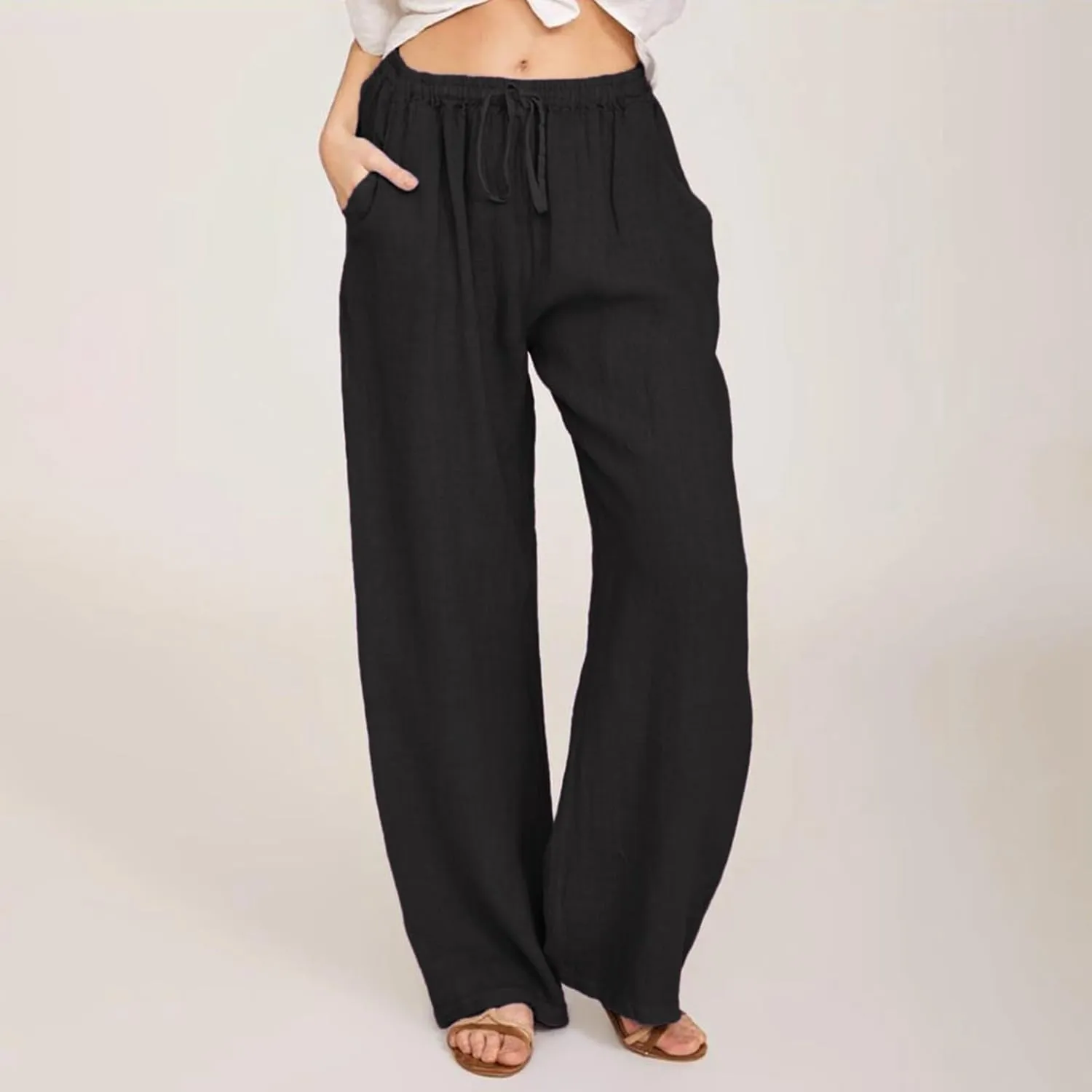 Wide Leg Linen Pants Women Summer Drawstring High Waisted Casual Pants Flowy Palazzo Pants Lightweight Beach Trousers