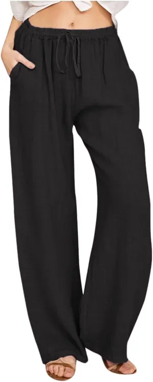 Wide Leg Linen Pants Women Summer Drawstring High Waisted Casual Pants Flowy Palazzo Pants Lightweight Beach Trousers