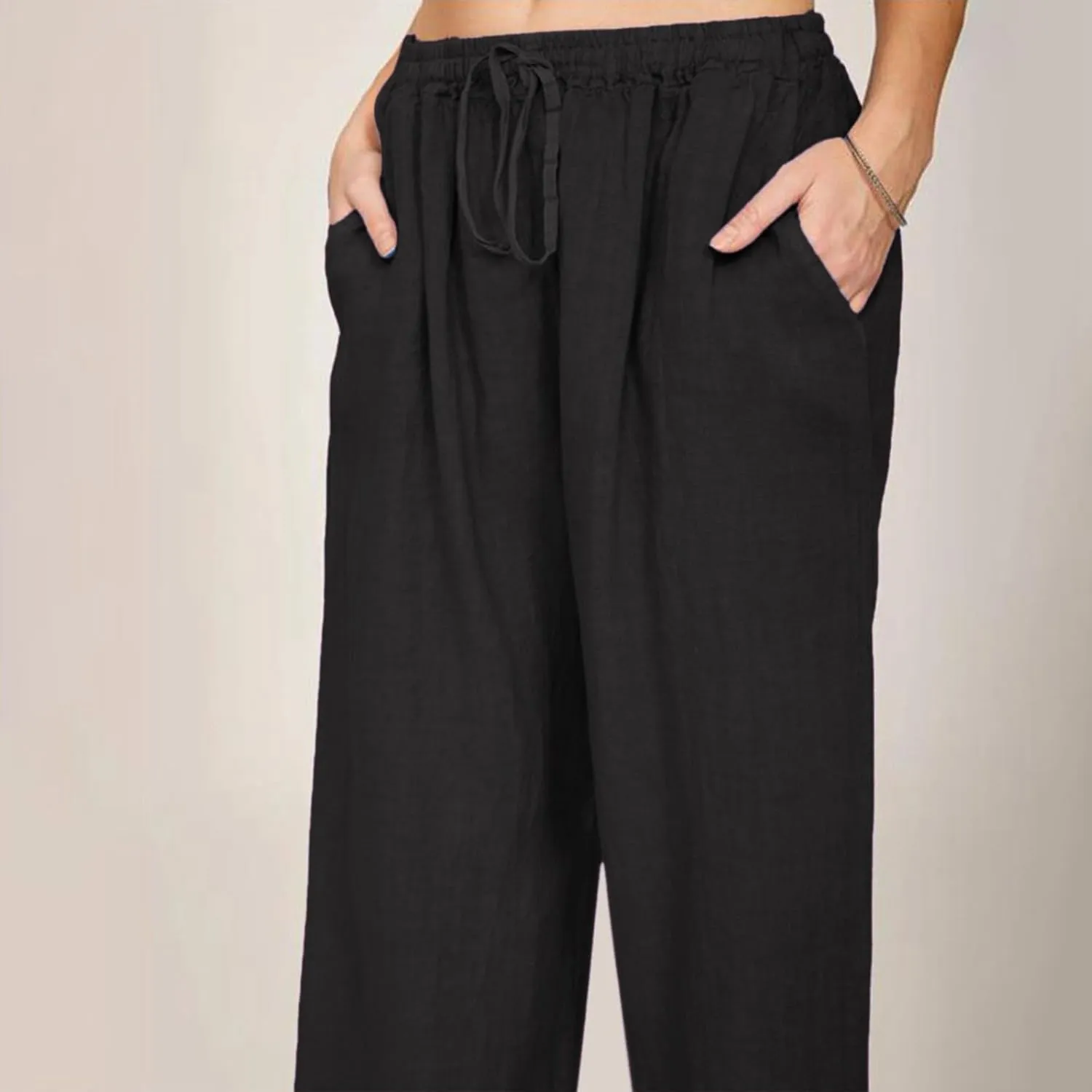 Wide Leg Linen Pants Women Summer Drawstring High Waisted Casual Pants Flowy Palazzo Pants Lightweight Beach Trousers