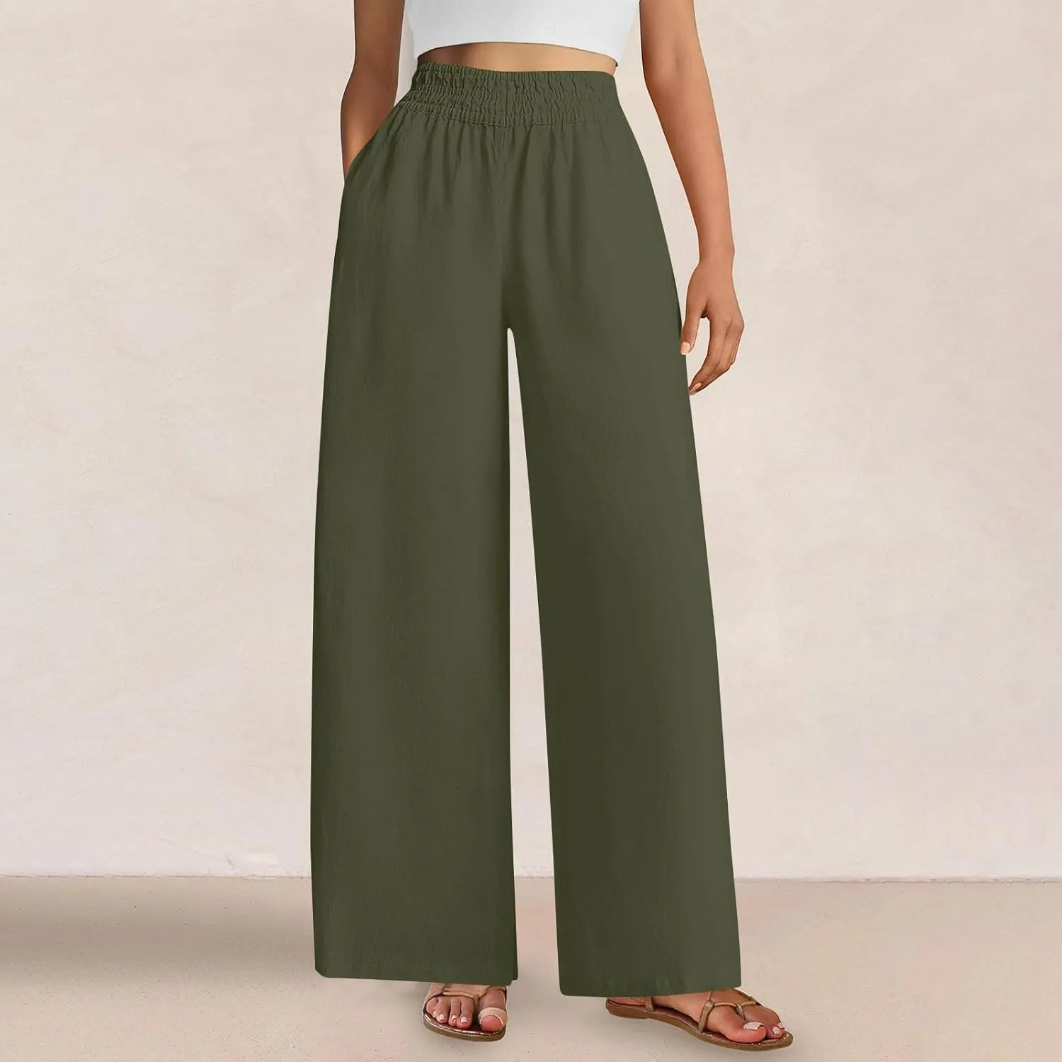 Wide Leg Pants Woman Cotton Linen Summer Dressy Casual Smocked High Waisted Palazzo Trousers with Pockets