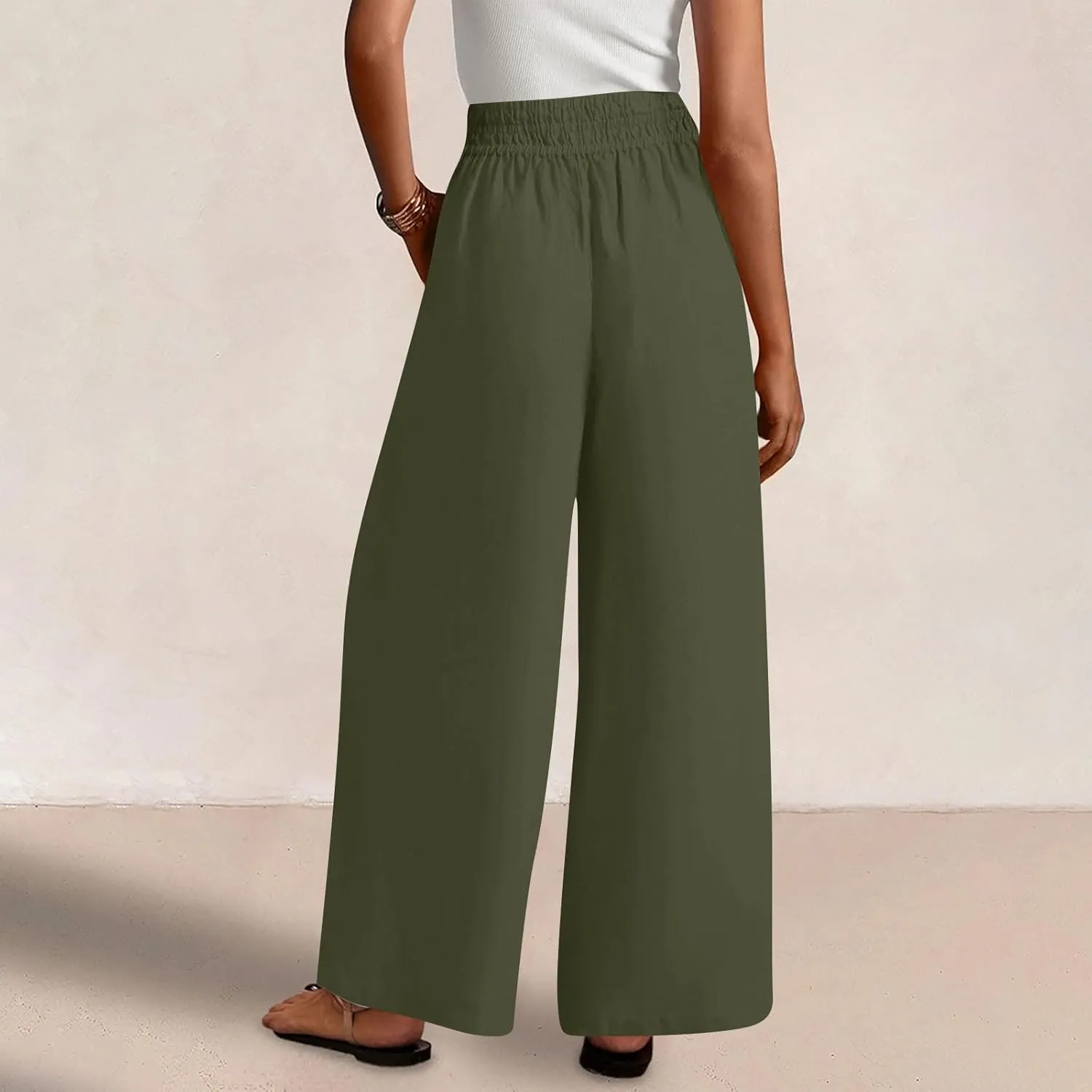 Wide Leg Pants Woman Cotton Linen Summer Dressy Casual Smocked High Waisted Palazzo Trousers with Pockets