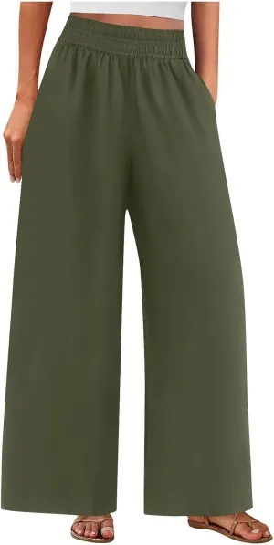 Wide Leg Pants Woman Cotton Linen Summer Dressy Casual Smocked High Waisted Palazzo Trousers with Pockets
