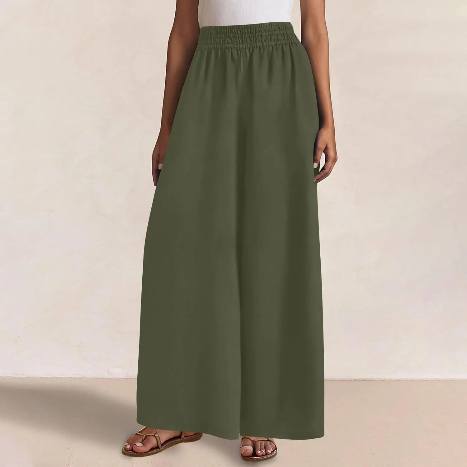 Wide Leg Pants Woman Cotton Linen Summer Dressy Casual Smocked High Waisted Palazzo Trousers with Pockets