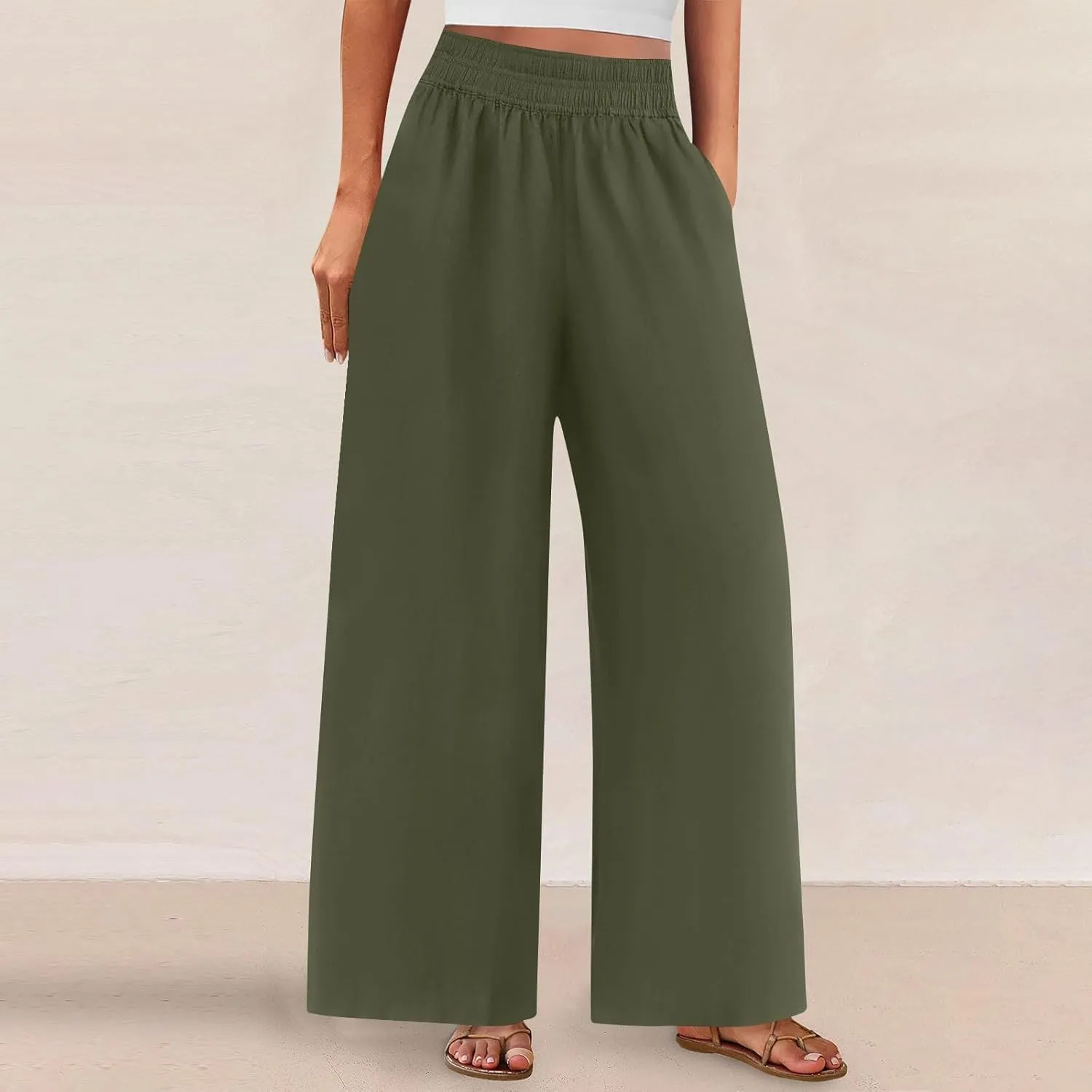 Wide Leg Pants Woman Cotton Linen Summer Dressy Casual Smocked High Waisted Palazzo Trousers with Pockets