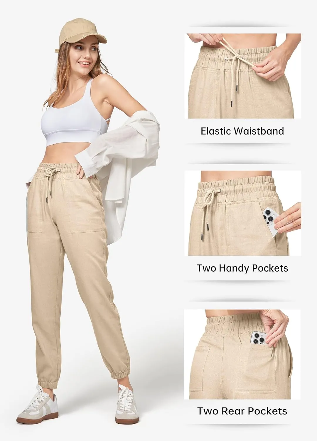 Willit Women Linen Pants Joggers Casual Lightweight Lounge Cotton Linen Travel Beach Summer Pants with Pockets