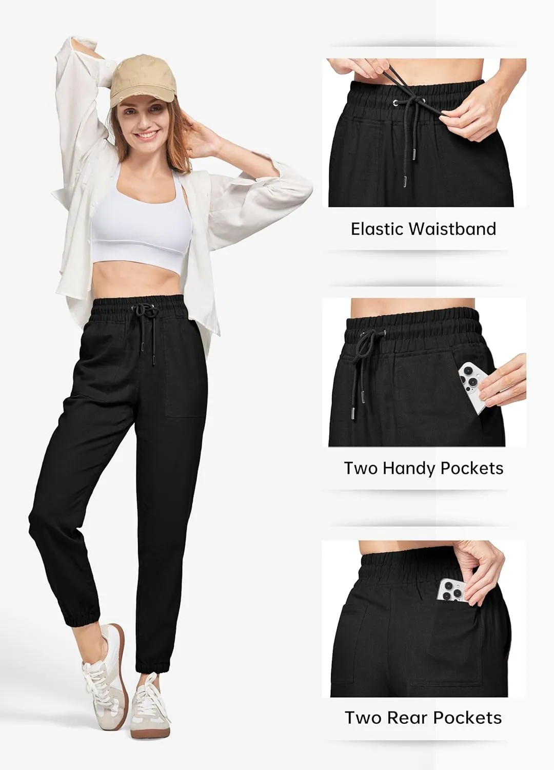 Willit Women Linen Pants Joggers Casual Lightweight Lounge Cotton Linen Travel Beach Summer Pants with Pockets