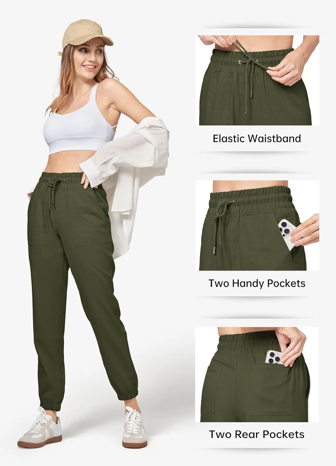 Willit Women Linen Pants Joggers Casual Lightweight Lounge Cotton Linen Travel Beach Summer Pants with Pockets