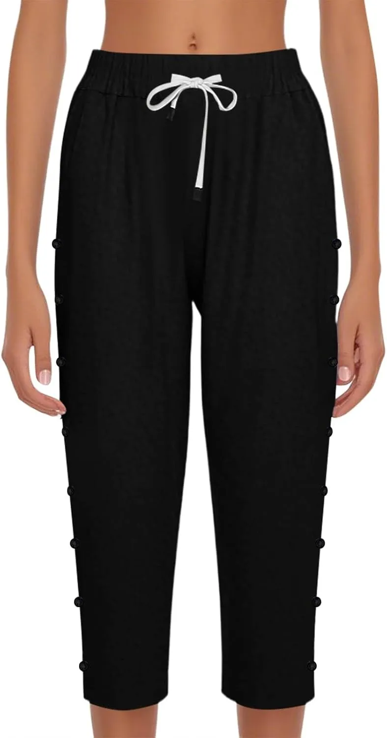 Women Capri Pants Casual Summer Wide Leg Cotton Linen Cropped Trouser with Pockets Elastic High Waisted Loose Capris