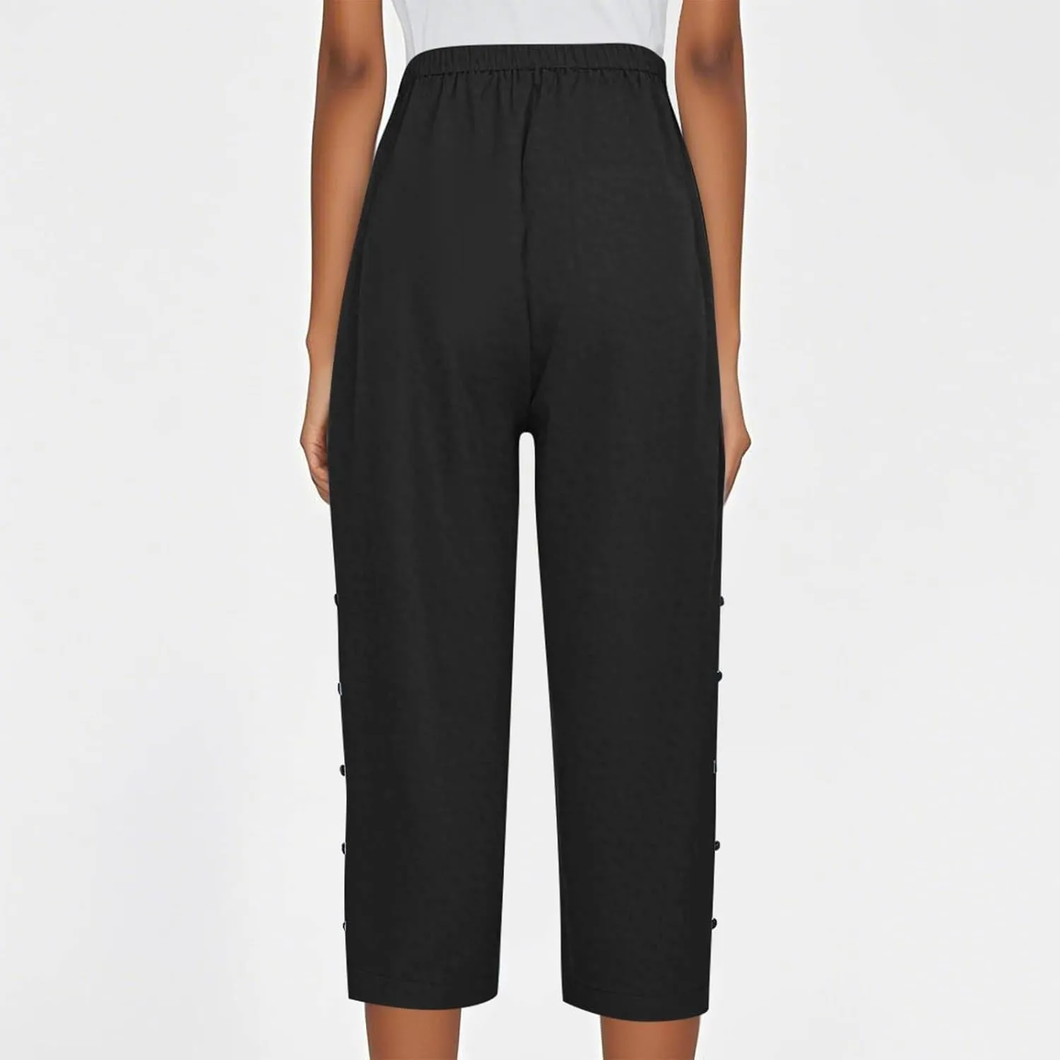Women Capri Pants Casual Summer Wide Leg Cotton Linen Cropped Trouser with Pockets Elastic High Waisted Loose Capris