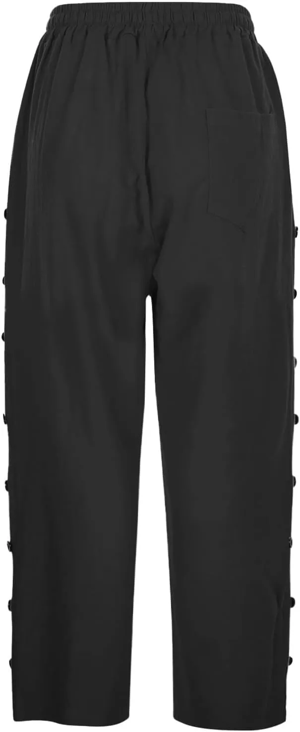 Women Capri Pants Casual Summer Wide Leg Cotton Linen Cropped Trouser with Pockets Elastic High Waisted Loose Capris