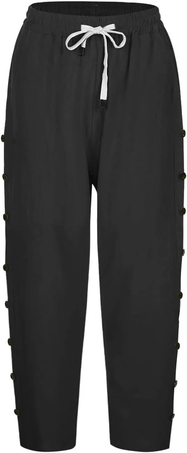 Women Capri Pants Casual Summer Wide Leg Cotton Linen Cropped Trouser with Pockets Elastic High Waisted Loose Capris