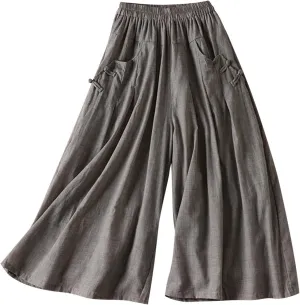Women Chinese Frog Button Trim Cotton Linen Palazzo Trousers Summer Fashion Casual Elastic High Waist Wide Leg Pants