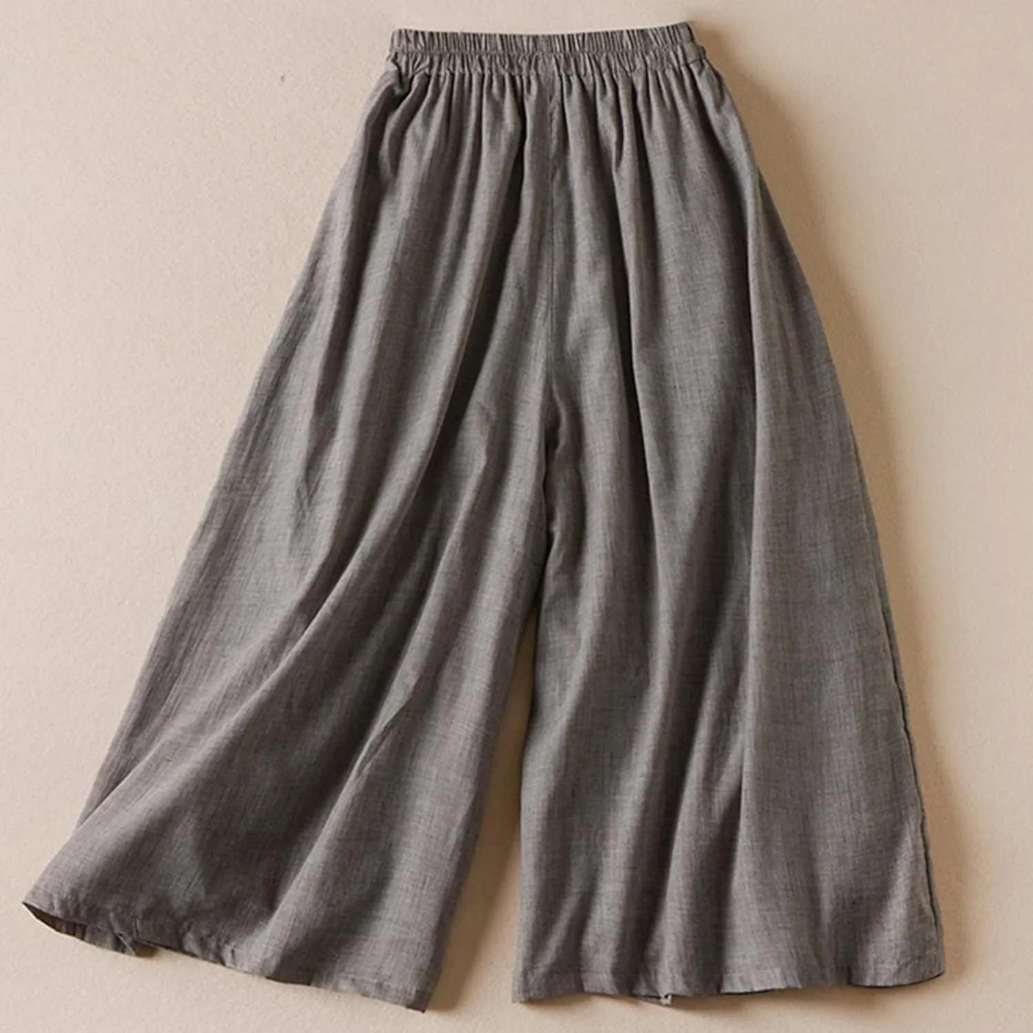 Women Chinese Frog Button Trim Cotton Linen Palazzo Trousers Summer Fashion Casual Elastic High Waist Wide Leg Pants