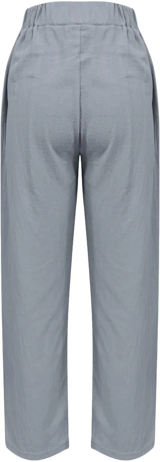 Women Cotton Linen Pant Solid Color Elastic Waist Slacks Straight Leg Comfy Pants Casual Lounge Trousers