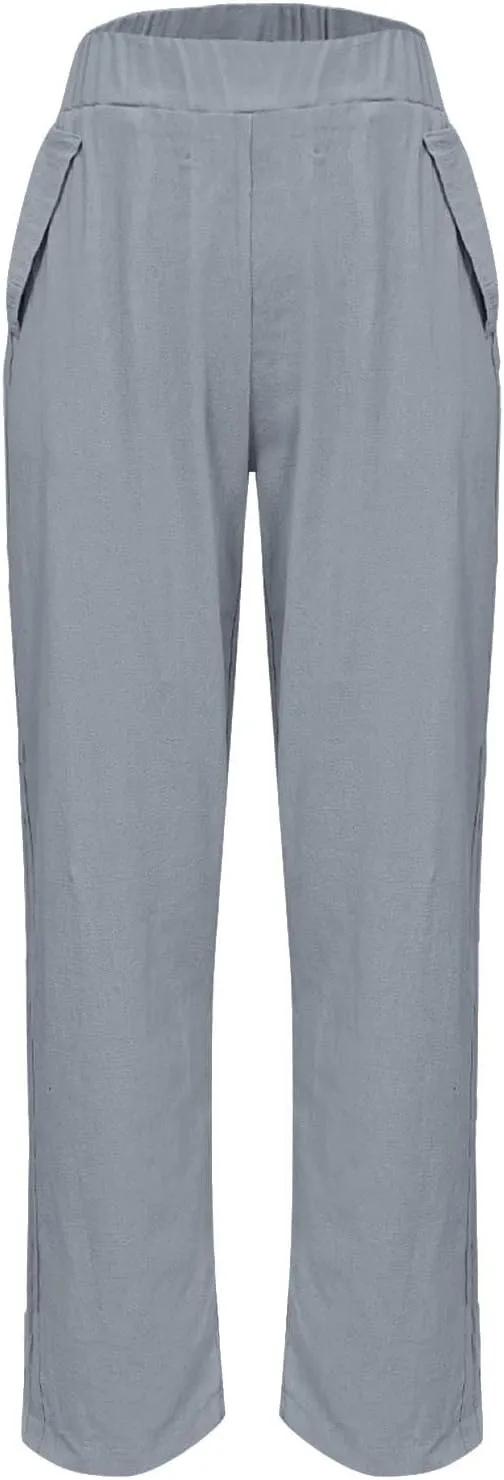 Women Cotton Linen Pant Solid Color Elastic Waist Slacks Straight Leg Comfy Pants Casual Lounge Trousers