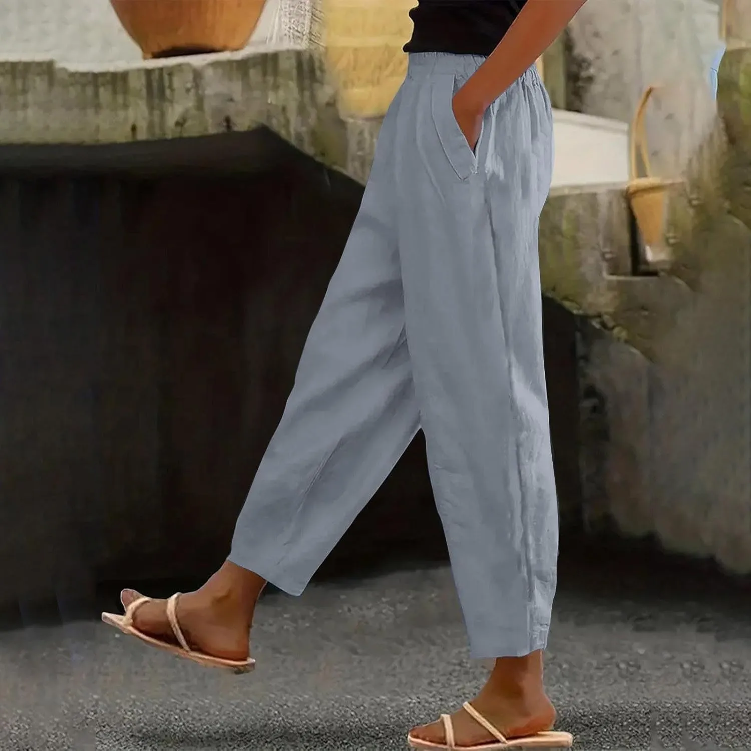 Women Cotton Linen Pant Solid Color Elastic Waist Slacks Straight Leg Comfy Pants Casual Lounge Trousers