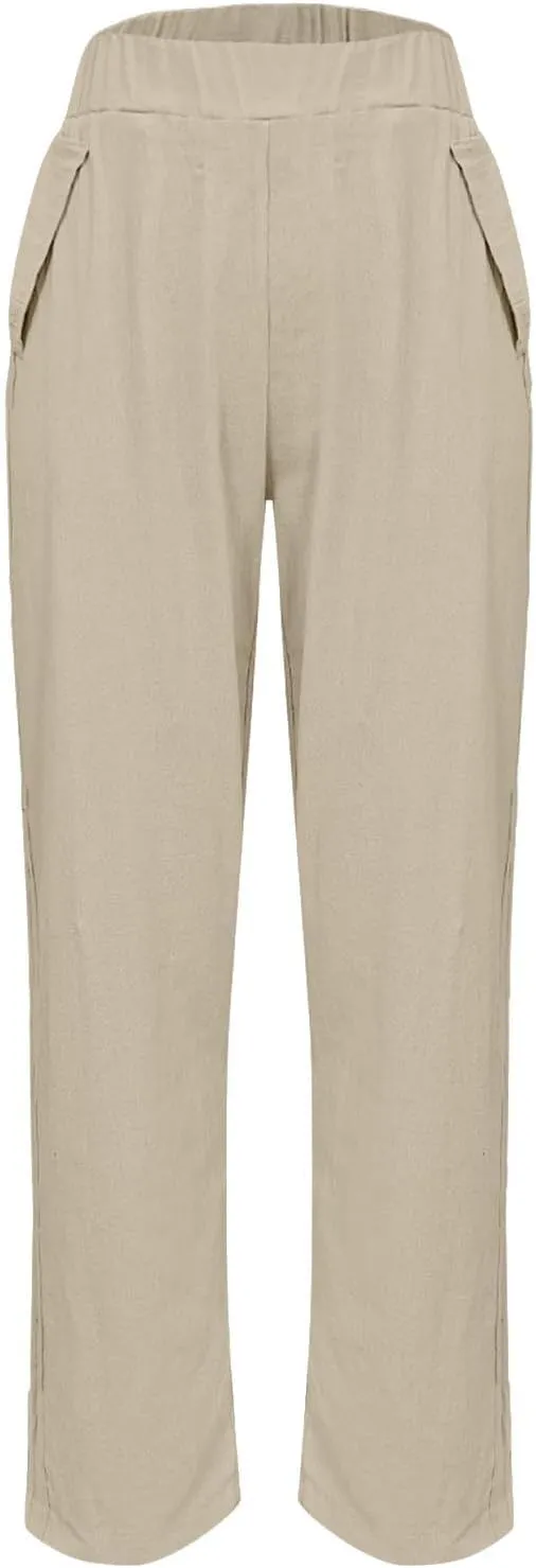 Women Cotton Linen Pant Solid Color Elastic Waist Slacks Straight Leg Comfy Pants Casual Lounge Trousers