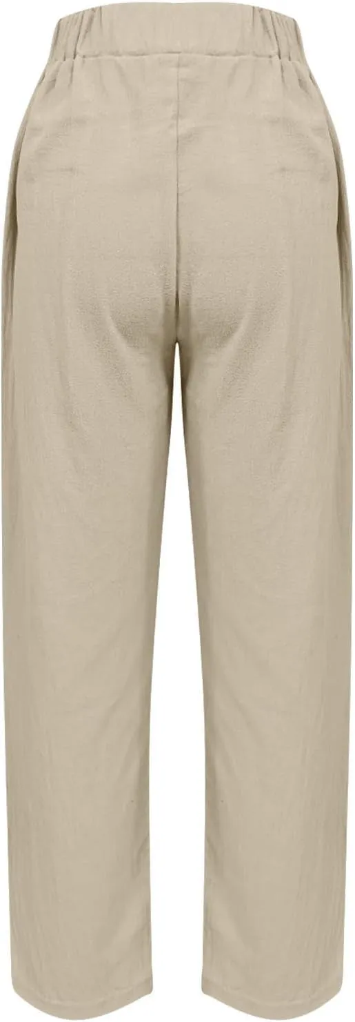 Women Cotton Linen Pant Solid Color Elastic Waist Slacks Straight Leg Comfy Pants Casual Lounge Trousers