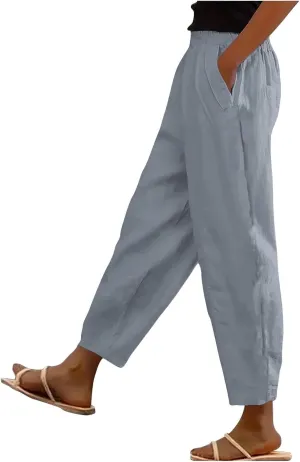 Women Cotton Linen Pant Solid Color Elastic Waist Slacks Straight Leg Comfy Pants Casual Lounge Trousers
