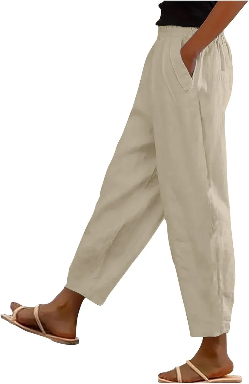 Women Cotton Linen Pant Solid Color Elastic Waist Slacks Straight Leg Comfy Pants Casual Lounge Trousers