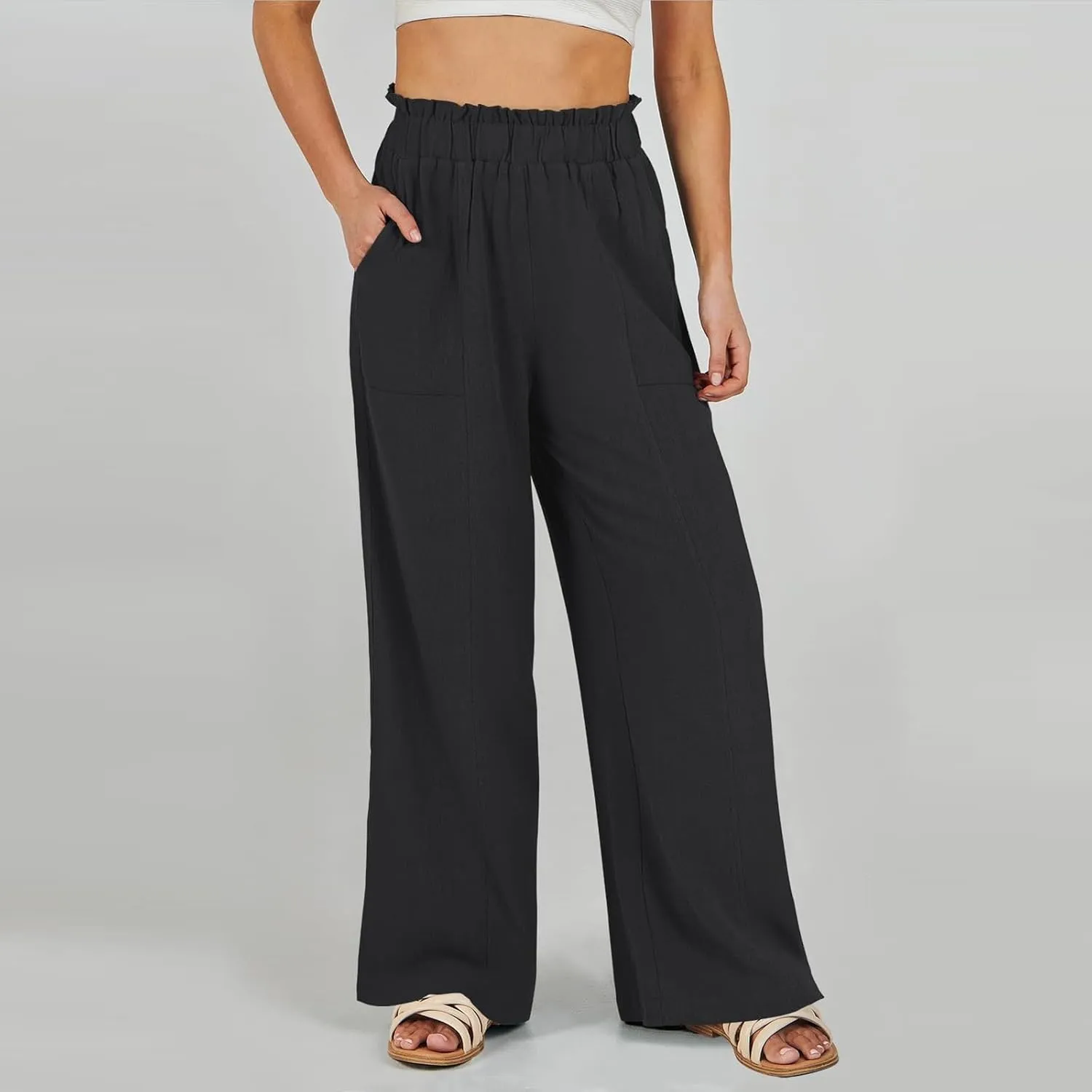 Women Cotton Linen Pants 2025 Summer Wide Leg Pants Ruffle Palazzo Pant Flowy Boho Beach Lounge Trousers with Pockets
