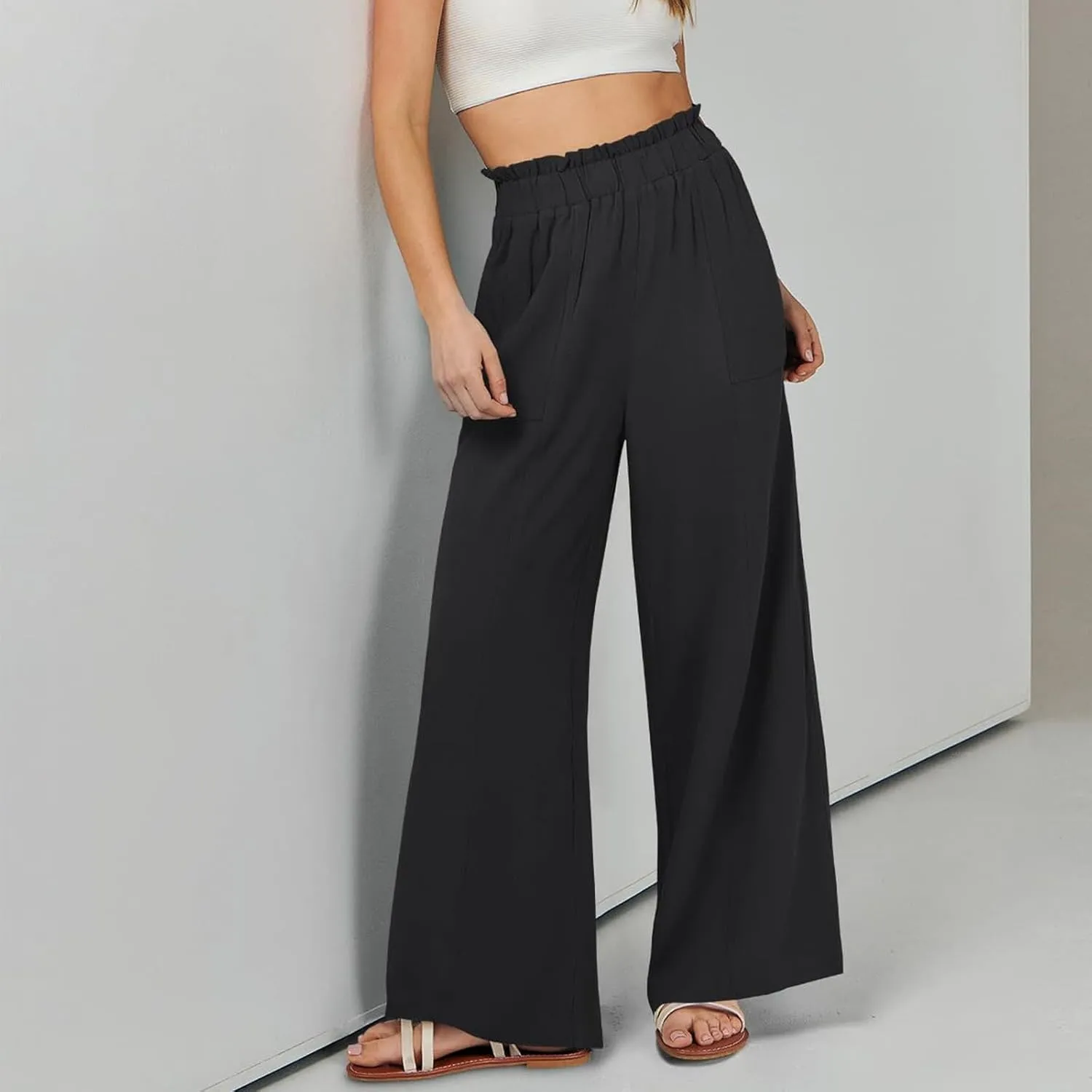 Women Cotton Linen Pants 2025 Summer Wide Leg Pants Ruffle Palazzo Pant Flowy Boho Beach Lounge Trousers with Pockets