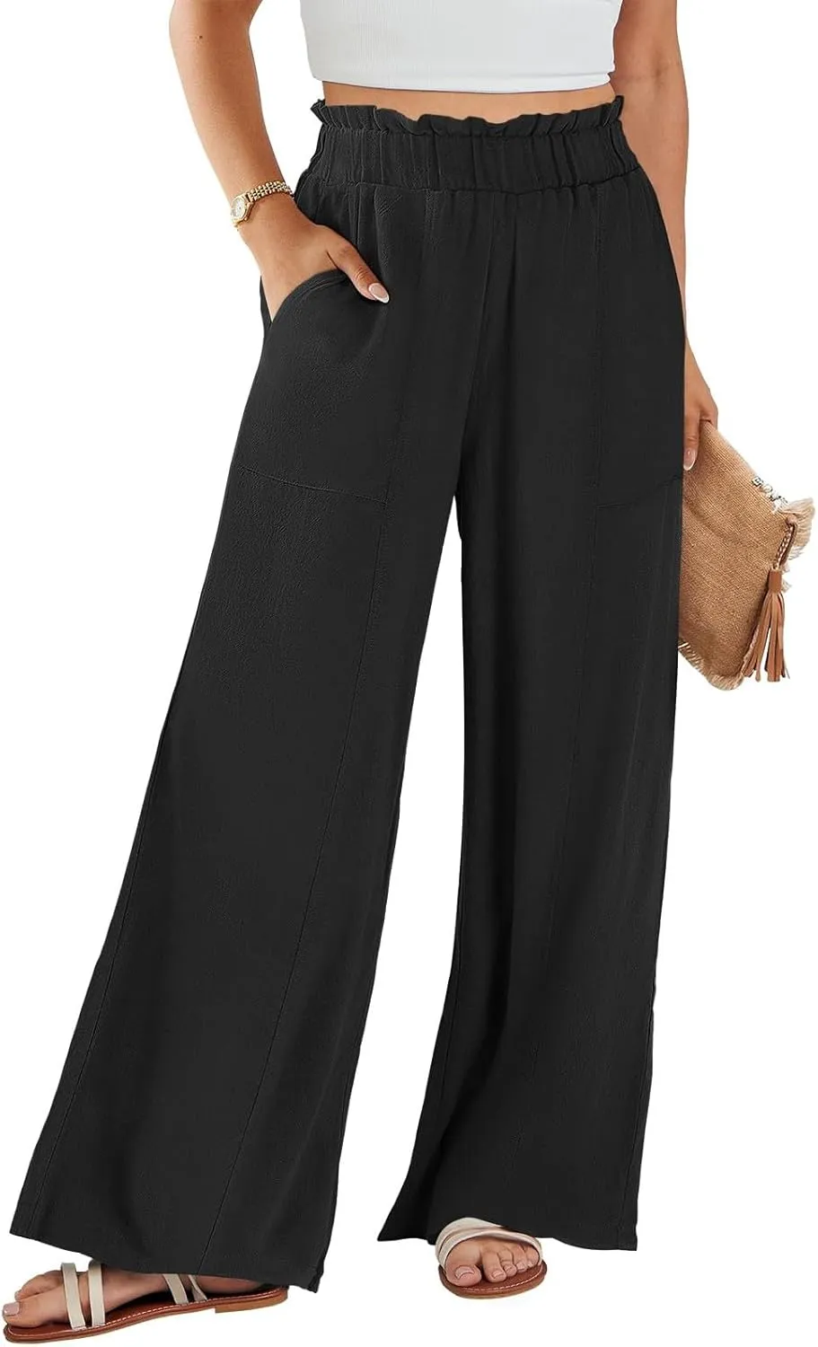 Women Cotton Linen Pants 2025 Summer Wide Leg Pants Ruffle Palazzo Pant Flowy Boho Beach Lounge Trousers with Pockets