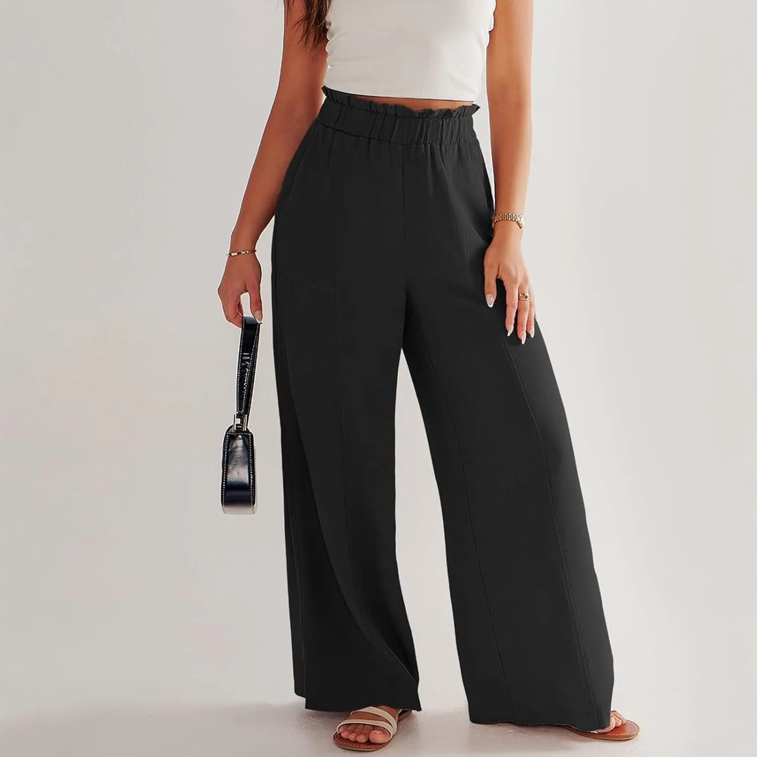 Women Cotton Linen Pants 2025 Summer Wide Leg Pants Ruffle Palazzo Pant Flowy Boho Beach Lounge Trousers with Pockets