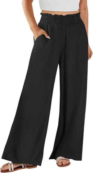 Women Cotton Linen Pants 2025 Summer Wide Leg Pants Ruffle Palazzo Pant Flowy Boho Beach Lounge Trousers with Pockets