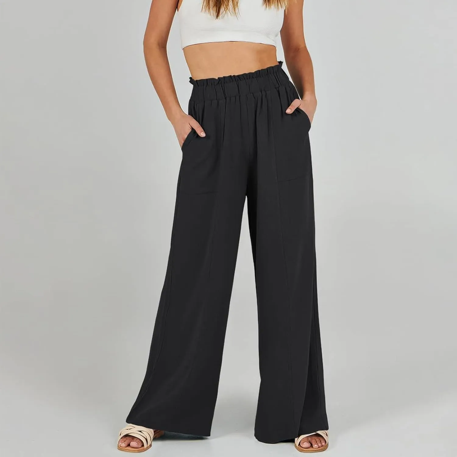 Women Cotton Linen Pants 2025 Summer Wide Leg Pants Ruffle Palazzo Pant Flowy Boho Beach Lounge Trousers with Pockets