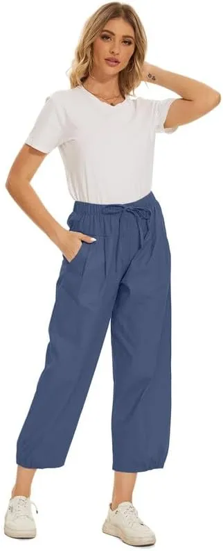 Women Cropped Pants Lightweight Wide Leg Drawstring Elastic Waist Yoga Lounge Pants Pocket