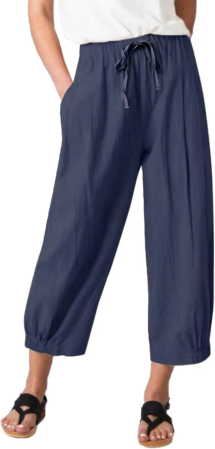 Women Cropped Pants Lightweight Wide Leg Drawstring Elastic Waist Yoga Lounge Pants Pocket