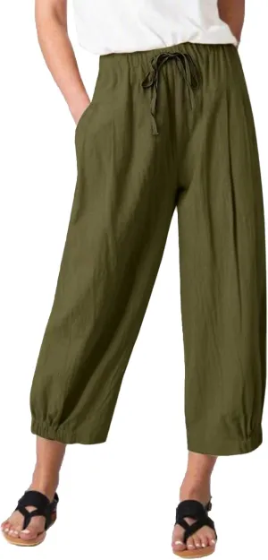 Women Cropped Pants Lightweight Wide Leg Drawstring Elastic Waist Yoga Lounge Pants Pocket