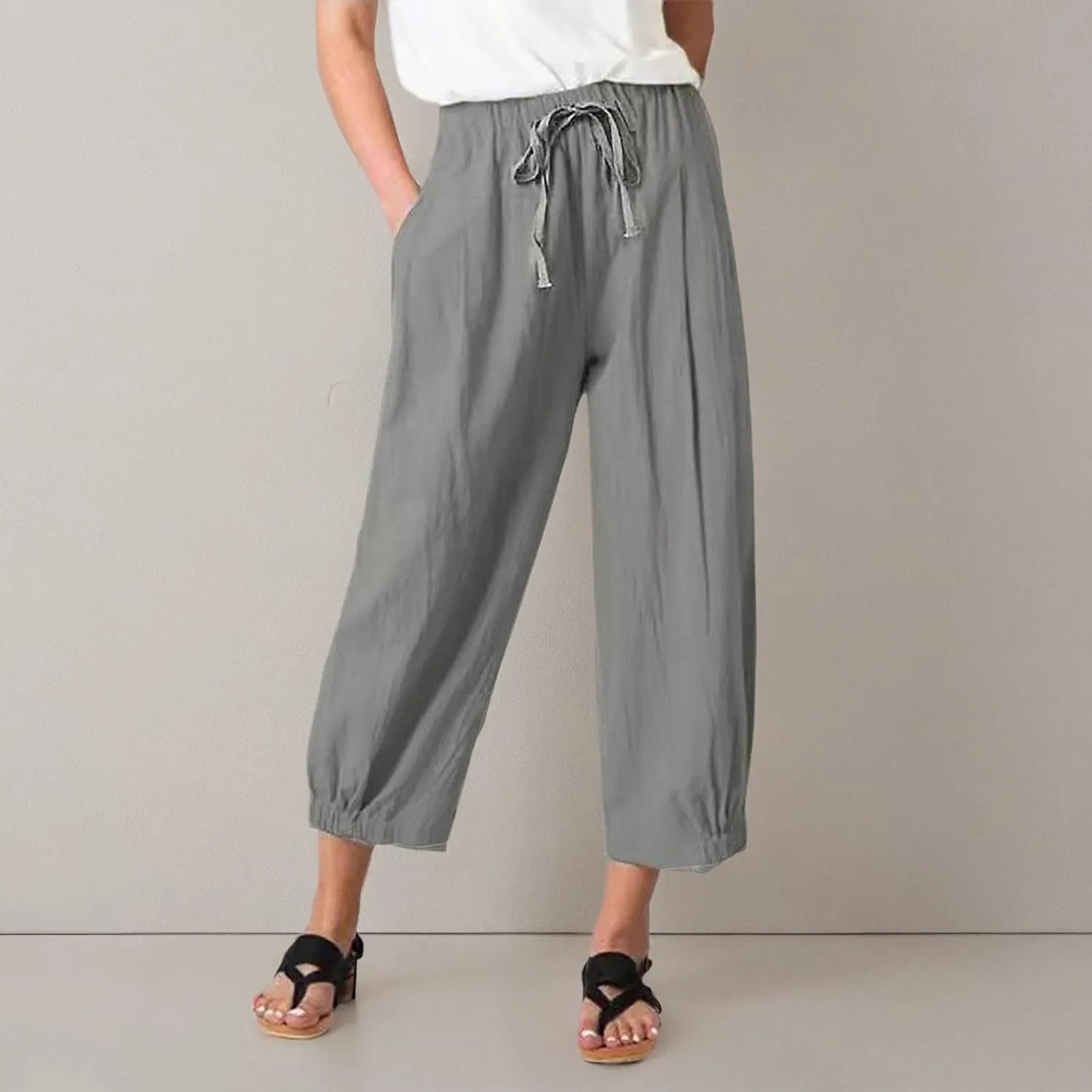 Women Cropped Pants Lightweight Wide Leg Drawstring Elastic Waist Yoga Lounge Pants Pocket