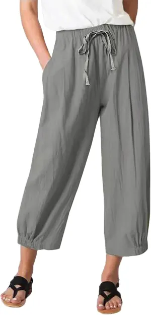 Women Cropped Pants Lightweight Wide Leg Drawstring Elastic Waist Yoga Lounge Pants Pocket