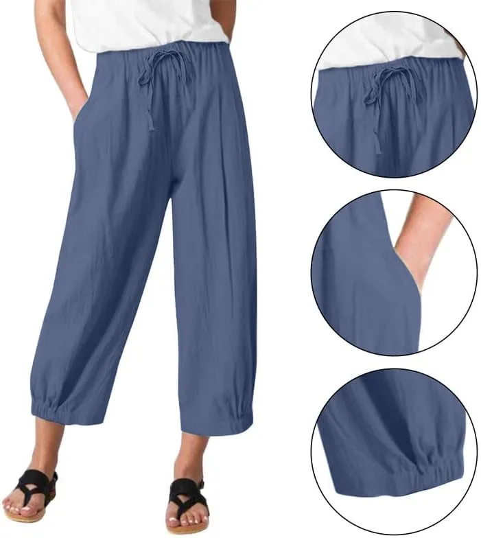 Women Cropped Pants Lightweight Wide Leg Drawstring Elastic Waist Yoga Lounge Pants Pocket