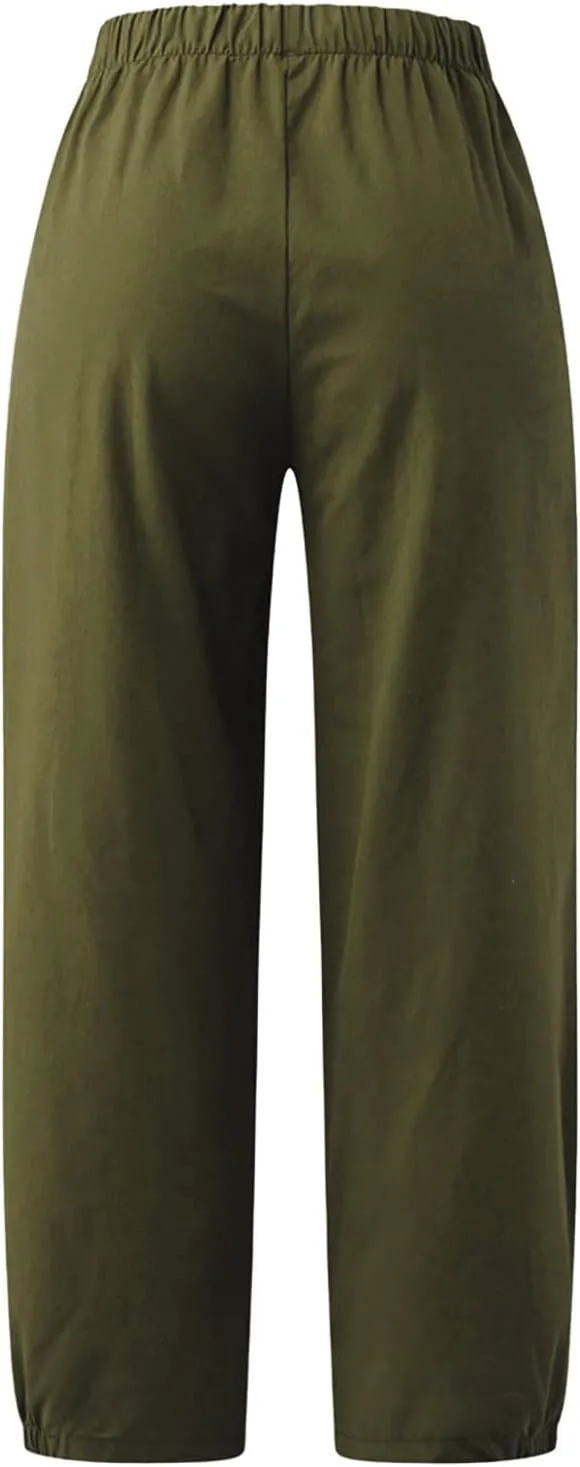 Women Cropped Pants Lightweight Wide Leg Drawstring Elastic Waist Yoga Lounge Pants Pocket