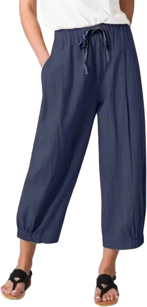 Women Cropped Pants Lightweight Wide Leg Drawstring Elastic Waist Yoga Lounge Pants Pocket