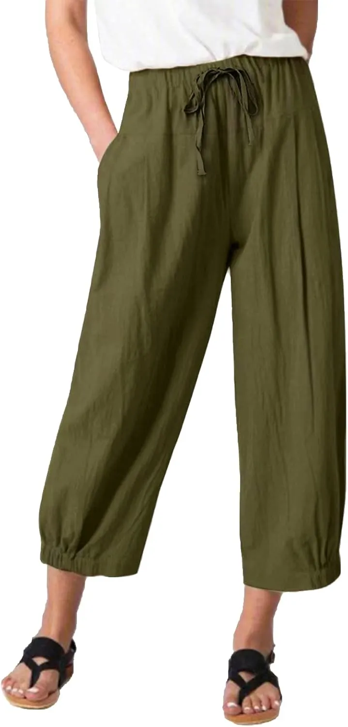 Women Cropped Pants Lightweight Wide Leg Drawstring Elastic Waist Yoga Lounge Pants Pocket