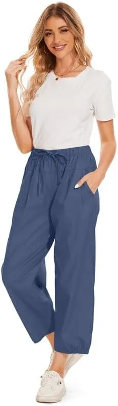 Women Cropped Pants Lightweight Wide Leg Drawstring Elastic Waist Yoga Lounge Pants Pocket