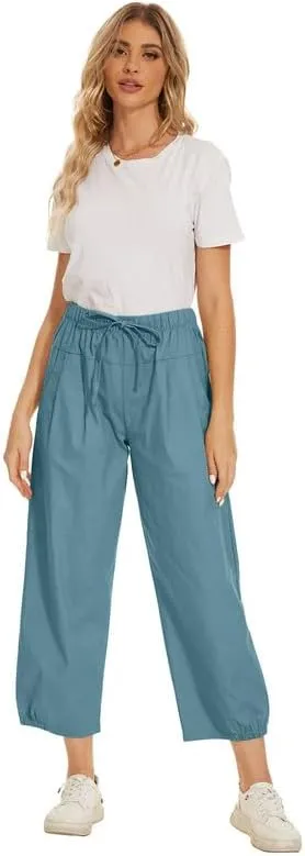 Women Cropped Pants Lightweight Wide Leg Drawstring Elastic Waist Yoga Lounge Pants Pocket
