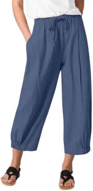 Women Cropped Pants Lightweight Wide Leg Drawstring Elastic Waist Yoga Lounge Pants Pocket
