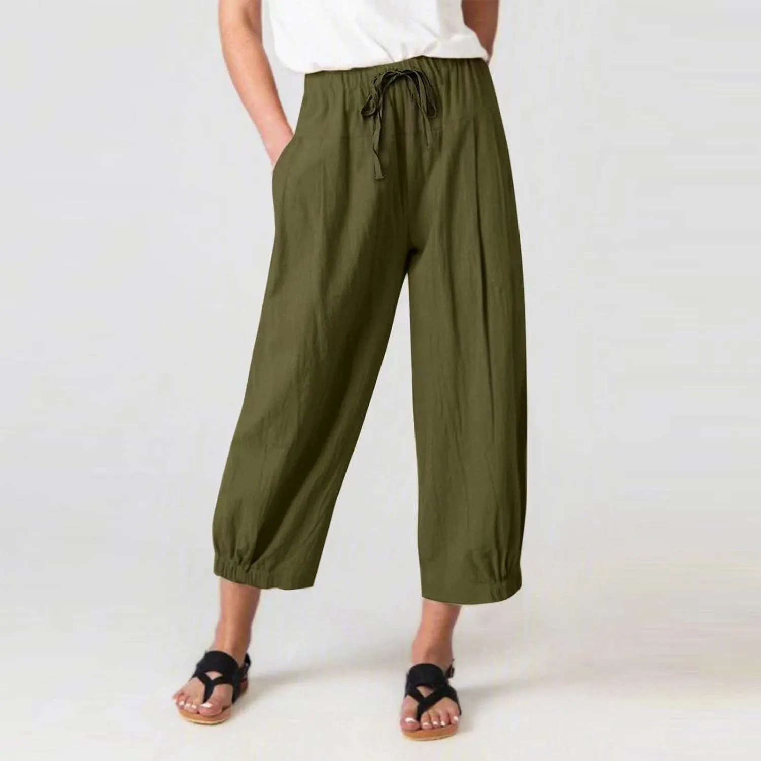 Women Cropped Pants Lightweight Wide Leg Drawstring Elastic Waist Yoga Lounge Pants Pocket