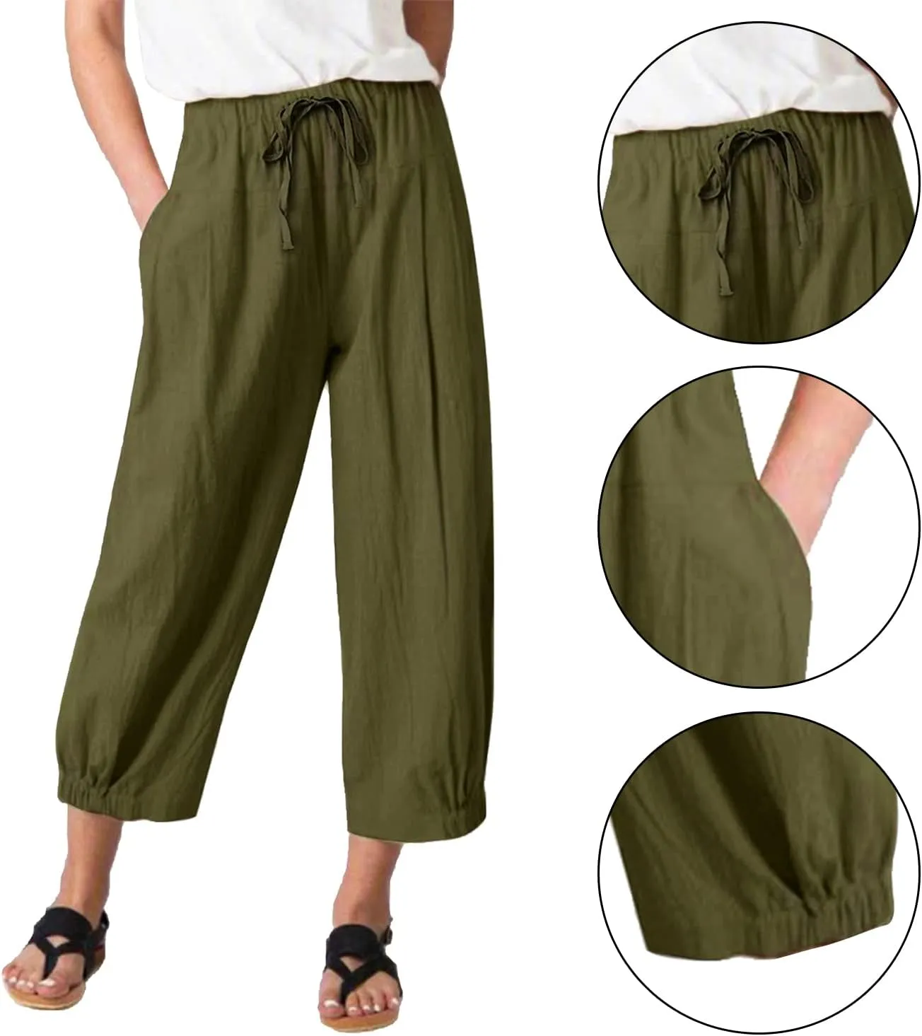 Women Cropped Pants Lightweight Wide Leg Drawstring Elastic Waist Yoga Lounge Pants Pocket