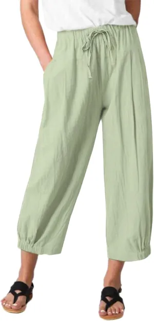 Women Cropped Pants Lightweight Wide Leg Drawstring Elastic Waist Yoga Lounge Pants Pocket