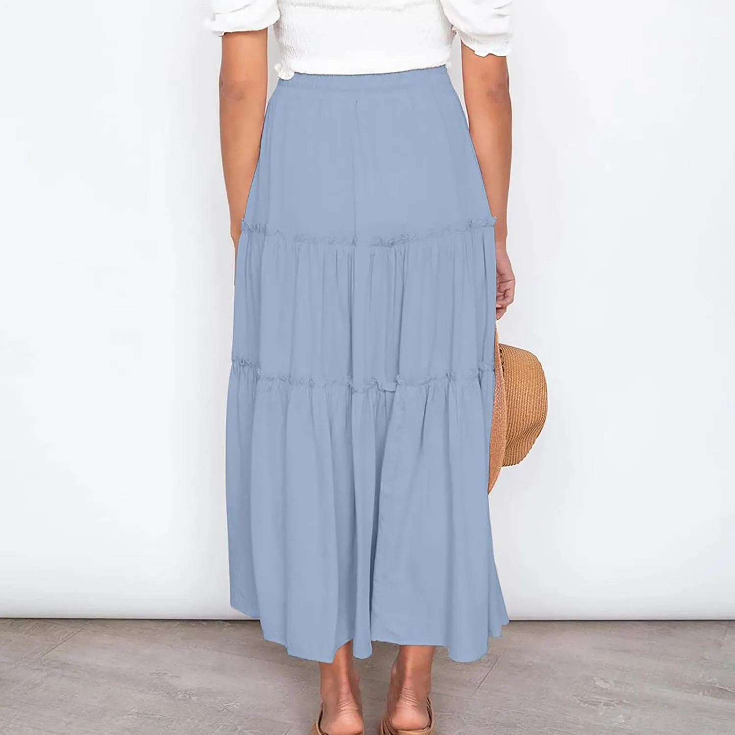 Women High Waist Midi Length Skirts A-Line Pleated Dressy Flowy Long Skirts Casual Ladies Business Skirts with Pockets